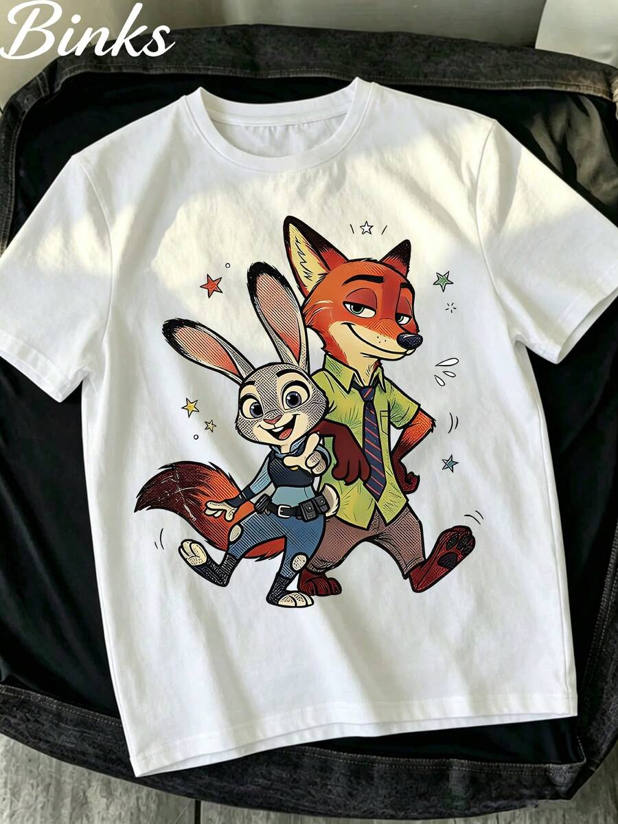 Zootopia Judy Hopps And Nick Wilde Retro Comic Style T-Shirt, Disney Characters Graphic Tee, Casual Cartoon Top - 白色 - 查看 1