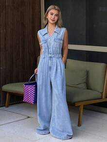 Mono vaquero sin mangas, suelto, con bolsillo en la cintura y decoración de solapa, estilo casual de ciudad para mujer - Lavado ligero - Ver 7