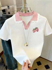 Camiseta de manga corta ajustada para mujer con estampado de todo el cuello - Blanco - Ver 4