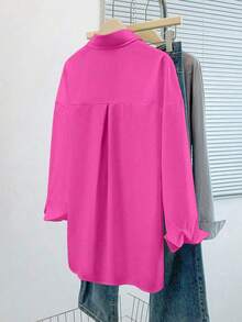 Camisa casual de mujer de un solo pecho de manga larga con hombros caídos y unicolor - Rosa Fucsia - Ver 2