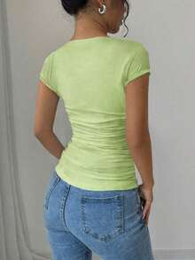 Raffinéa Camiseta ajustado de moda con mangas raglan, cuello en U, cintura fruncida, elástica, blanca, para primavera/verano, para mujeres - Verde - Ver 2