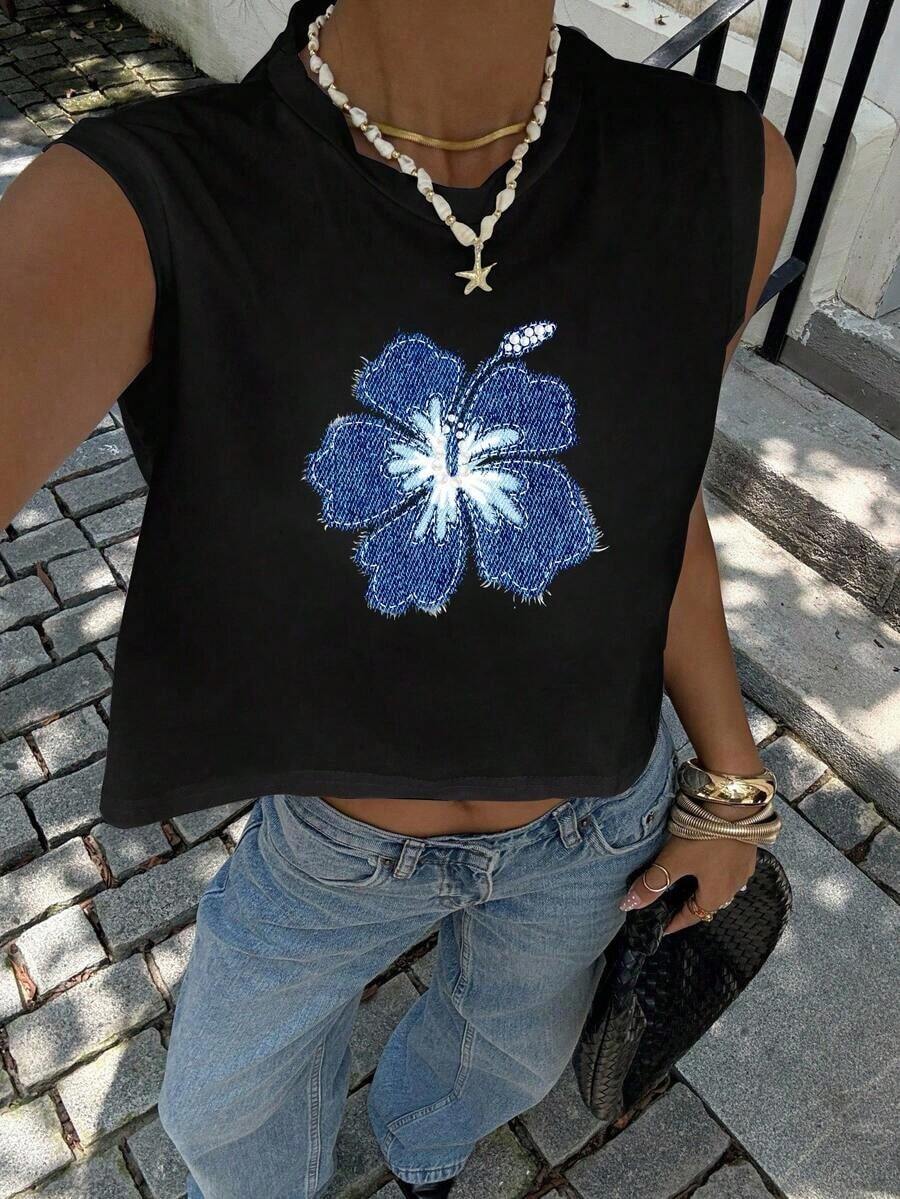 Camiseta de tirantes corta con cuello redondo y estampado de limones, adecuada para el verano - Negro 5 - Ver 1