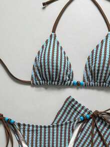 Conjunto de traje de baño de verano para mujer, elegante, romántico, casual, dulce, lindo y sexy.Conjunto básico y versátil de top de bikini halter con estampado floral azul y blanco, Bottom triangular y shorts, apto para playa, resort, spa, lun - Multicolor 6 - Ver 4