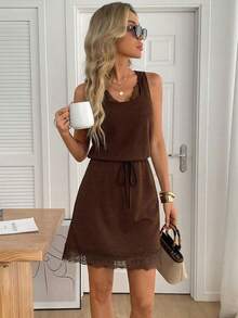 LUNE Vestido mini casual sin mangas con cintura anudada a rayas para mujer, nuevo vestido de llegada para mujer, vestidos casuales de verano para mujer, nuevo vestido de llegada para mujer casual, vestidos casuales de verano para mujer, atuendo para mujer, atuendos de playa, atuendos para salir, atuendos de vacaciones, atuendos de verano para mujer, atuendo para concierto de campo - Marrón - Ver 4