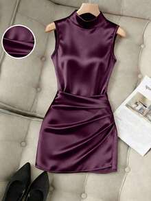 Nuevo vestido de mujer de moda con cuello alto brillante, sin mangas, cintura fruncida y asimétrico de ajuste ceñido - Morado - Ver 6