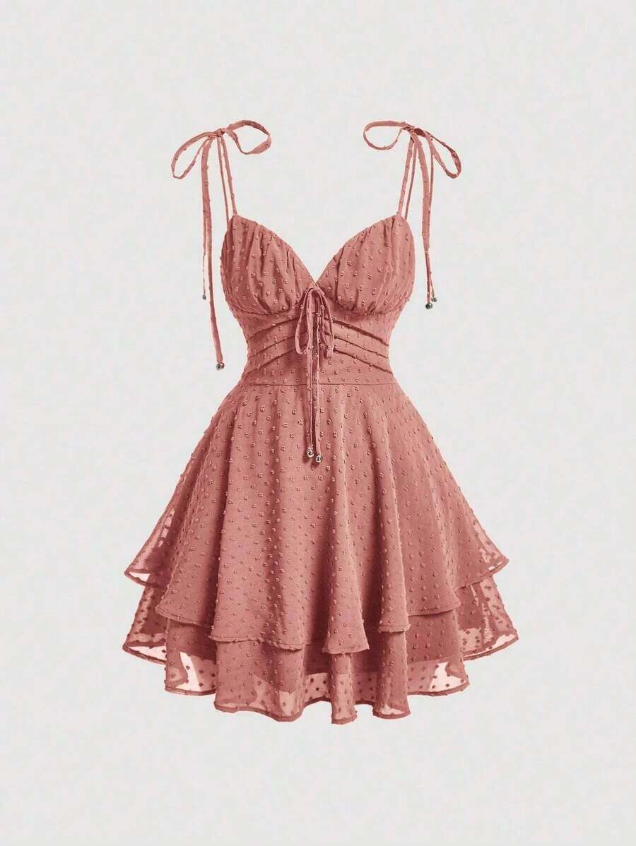 MOD Vestido de tirantes de lunares de hombros con cordón de dos capas bajo - Color caoba - Ver 1