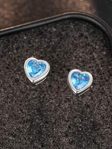 1 Pair Elegant Cubic Zirconia Stud Earrings, Suitable For Teenage Girls Daily Wear, Party Jewelry Or Birthday Gift - Blue - View 2