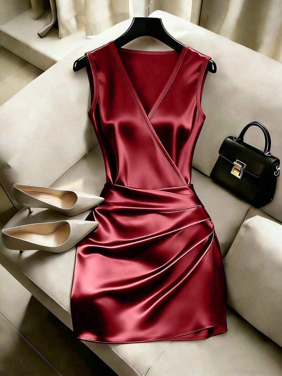 Vestido ajustado con cuello en V sin mangas, cintura fruncida e irregular, vestido de satén para mujer, vestido de primavera/verano para mujer, vestido elegante de fiesta para mujer, atuendo de vacaciones para mujer, atuendo del Día de San - Burdeos - Ver 1