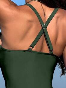 Lushoire Set de 2 piezas de ropa de playa para mujer: Top fruncido con cruce delantero liso y shorts de tankini de cintura alta, para vacaciones de verano - Café integral - Ver 9