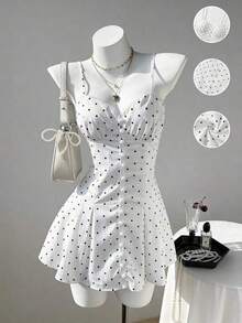 Vestido mini ajustado de línea A, sexy, con camisola de lunares - Blanco - Ver 12