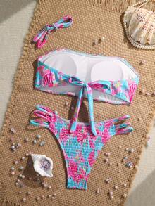 Conjunto de traje de baño de 2 piezas con estampado de concha, tirantes removibles y nudo delantero para mujer, ideal para vacaciones de verano en la playa - color - Ver 3