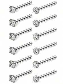 Bộ 12 khuyên mũi bằng thép không gỉ, đính đá CZ tròn sáng bóng, trang sức xỏ mũi, quà tặng dự tiệc - Bạc - Xem 9