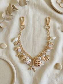Accessoires thème océan d'été, décorations style bohème en coquillage doré et étoile de mer, pendentif de perle et corail de luxe, porte-clés style océan pour les vacances - Multicolore - Voir 3
