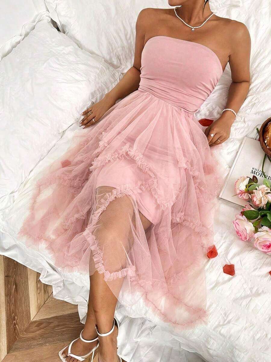 Vestido largo de mujer de unicolor con panel de malla sin tirantes - Rosa - Ver 1