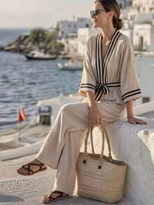Holidaya Mono de mujer con cuello en V, estampado digital, con cinturón en la cintura, manga 3/4, versátil para vacaciones, playa, verano y otoño, nueva llegada 2026, elegante y de moda para uso diario, ir al trabajo, citas, fiestas de noche, jardín - Multicolor - Ver 5