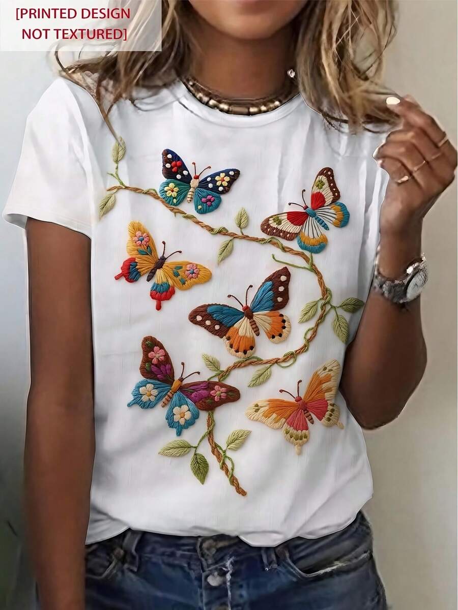Summer New Arrival Women's Casual Lightweight White Round Neck Short Sleeve T-Shirt With Colorful Butterfly Branch Imitation Embroidery Print Women's Fitted Short-Sleeve Tee With Fun Graphics, Perfect For Everyday & Casual Work Looks - 白色 - 查看 1