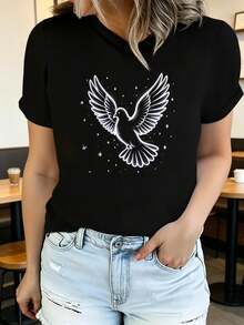 Camiseta de algodón puro para mujer, camiseta estampada de manga corta para verano, moderna y casual, lavable a máquina, ajuste cómodo. - Negro - Ver 1