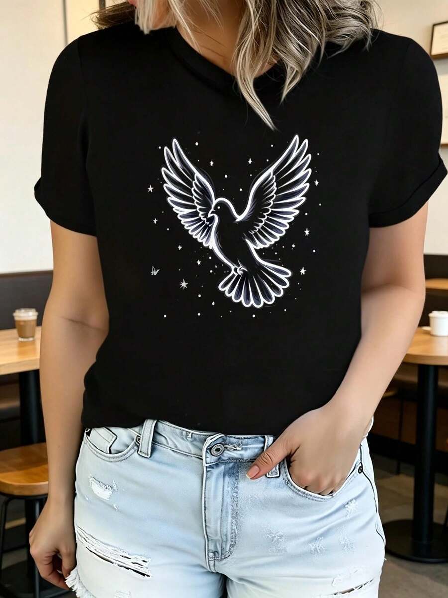 Camiseta de algodón puro para mujer, camiseta estampada de manga corta para verano, moderna y casual, lavable a máquina, ajuste cómodo. - Negro - Ver 1