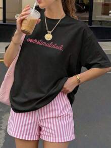 Camiseta Holgada Sencilla Mujer Estilo Moderno Camiseta casual de mujer de manga corta y cuello redondo - Estampado impreso, tela suave y cómoda, lavable a máquina, blusas de verano Camiseta Mujer Estampado Gráfico  Verano 2026 - Negro - Ver 7