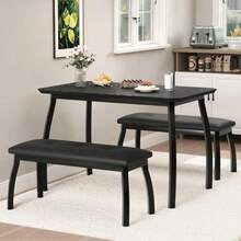 Dining Table With 2 Upholstered Benches - 3 Pcs Industrial Dining Table Set, Ideal For Dining Room, Kitchen, Studio, Restaurant - Black - View 10