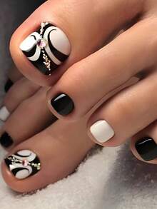24pcs Short Square Toe Nail Stickers With Black & White Patterns, 3D Rhinestone Embedded Acrylic Nail Decals, Including Gel Polish And Nail File, Suitable For Party, Events, Daily Wear, For Women And Girls, Nail Art Tool Kit - Multicolor - View 6