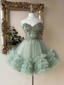 Elegante y lujoso vestido corto hecho a mano con aplicaciones bordadas, encaje de ganchillo y parches de satén, con abertura en la cintura, adecuado para citas, fiestas de solteros, galas, bailes, Día de San Valentín - Verde - Ver 5