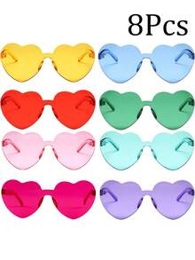 8pcs Heart Shaped Glasses, Women's Fashionable Rimless Colorful Party Glasses, Neon Color, Heart Shaped Glasses, Hippie Heart Shaped Glasses, Retro Costume Glasses, Magical Colors, Party Glasses, Retro Costume Glasses, Transparent Colorful Heart Shaped Glasses Set, Christmas Decoration, Home, Christmas Gift, Christmas Decoration - Multicolor - View 24