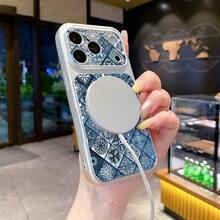 Middle East 1pc Fashionable Blue Patchwork Totem Middle Eastern Pattern Silver Metal Ring Holder Phone Case, Shockproof Full Coverage With Precise Cutouts, Suitable For IPhone, Stylish And Protective, Suitable For Both Men And Women, Ideal Choice For Fashion Enthusiasts - Silver - View 3
