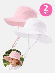 2pcs Kids' Lightweight Quick-Dry Large Brim Mesh Bucket Hat With Drawstring, Suitable For Boys And Girls Outdoor Activities In Summer - 2PS - View 9
