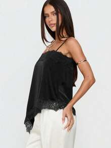 Camisole Seksi & Modis dengan Patchwork Renda & Satin, Hem Asimetris, Pakaian Sehari-hari Serbaguna, Koleksi Terbaru Musim Semi/Panas, Warna Hitam Kasual - Hitam - View 4