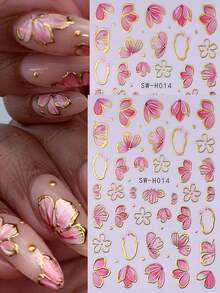 2pcs Pink Petal 3D Nail Stickers, Elegant Floral Gold Trim Geometric Pattern Nail Art Decals, Suitable For Acrylic Nails DIY, Spring Nail Decoration Accessories - Multicolor - View 4