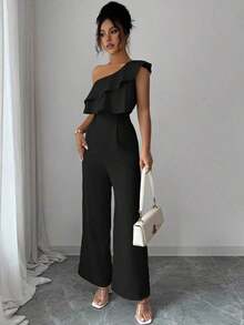 Mono de mujer con diseño casual apropiado para vacaciones de primavera/verano, adecuado para la oficina, el transporte, la playa y la hora del té de la tarde, con tirantes de espagueti, cintura con doble volante y silueta recta y suelta - Negro - Ver 8