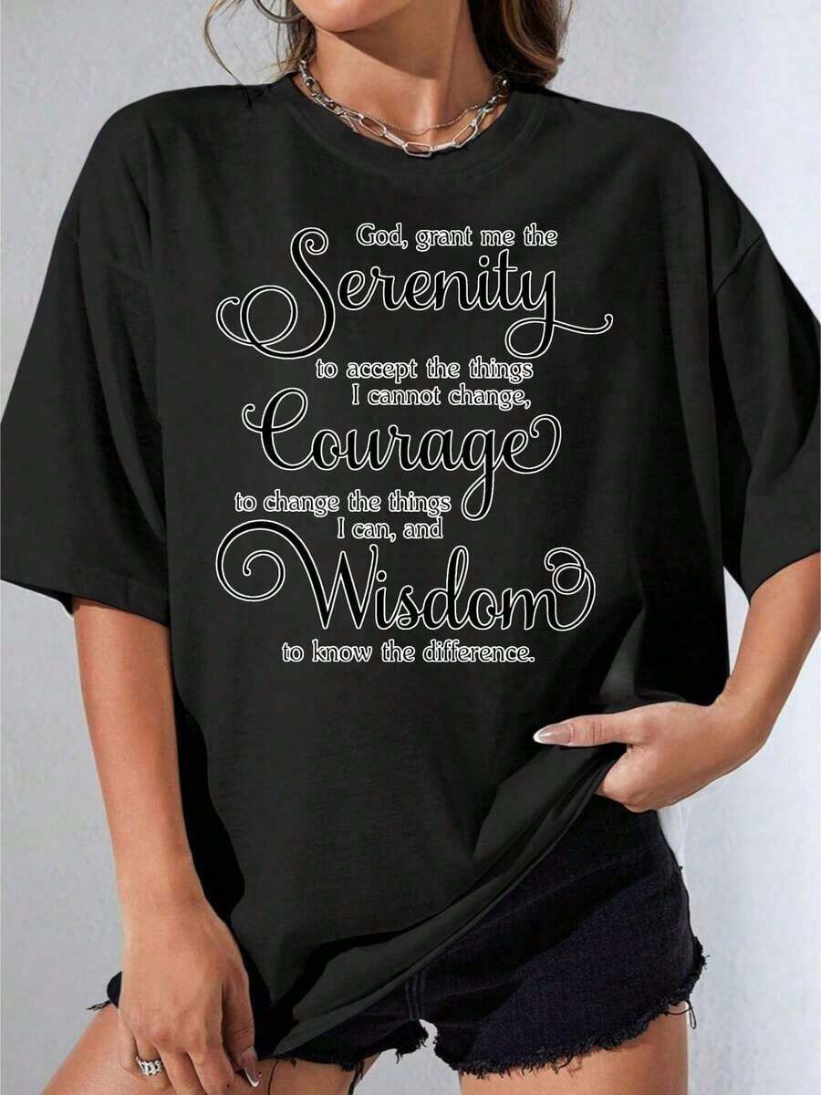 Girls' Black And White T-Shirt, Plus Size White T-Shirt With Serenity Prayer Print For Casual And Everyday Wear, Casual Printed T-Shirt For Outdoor Parties, 180g - 黑色 - 查看 1