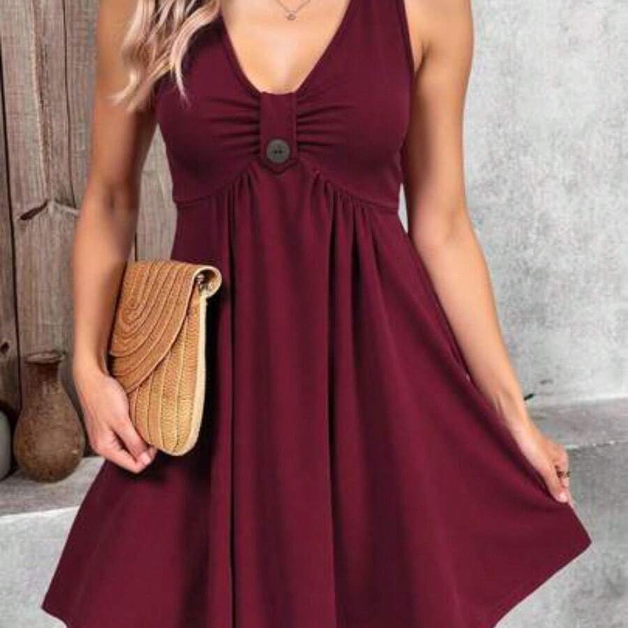 Women Summer Solid Color Pleated Sleeveless Casual Dress - Burdeos - Ver 1
