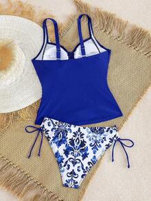 Swim Lushoire 2 piezas Traje de baño tipo tankini para mujer, torso fruncido con acabado en forma de U y estampado floral, casual y cómodo para nadar de vacaciones - Azul - Ver 4