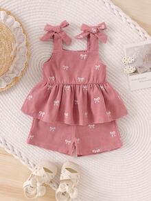 2pcs Baby Girls Cute Bowknot Decor Camisole Top + Shorts Set, Lightweight Summer Outfit - Pink - View 3