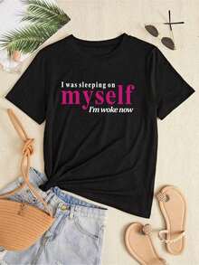 Camiseta Casual de Manga Corta para Mujer VaVaLuxe con Estampado de Lema: "Estaba durmiendo sobre mí misma, ahora estoy despierta" Camiseta de Algodón - Negro - Ver 8