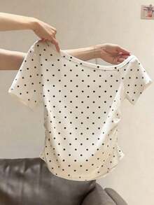 Camiseta de mujer con cuello asimétrico, manga corta y bordado de color contrastante - Blanco - Ver 8