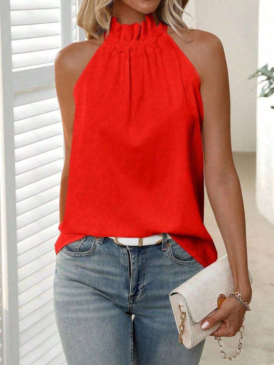 Blusa plisada de unicolor, versátil y casual para uso diario - Rojo - Ver 1