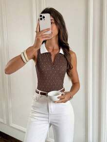 Camiseta de tirantes de mujer con cuello polo, estilo minimalista casual, a rayas blancas y azul marino, adecuada para uso diario en primavera/verano, vacaciones, ir al trabajo, citas, fiestas, otoño/invierno, fiestas, bodas, playa, graduación, mo - Marrón - Ver 3
