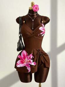 Conjunto de bikini de 2 piezas con estampado floral, accesorio de metal y correa ajustable, de caliente para vacaciones de primavera/verano y playa - Café integral - Ver 3