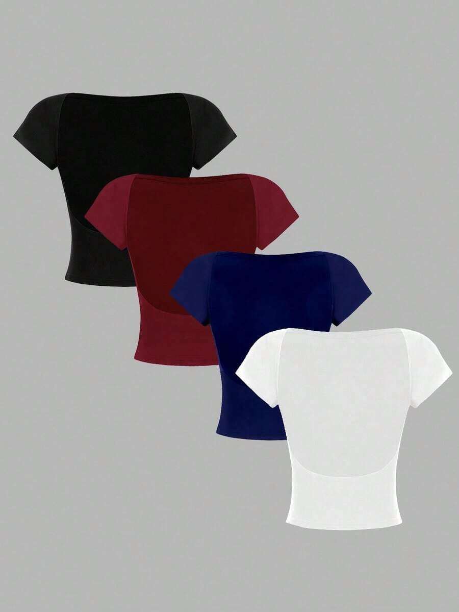 4 piezas Camisetas de mujer de cuello redondo, ajustadas, con espalda descubierta y diseño minimalista de patrones, adecuadas para el verano - Multicolor 14 - Ver 1