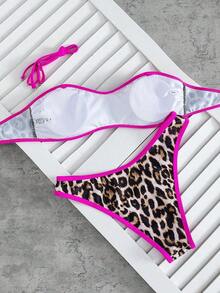 Set de 2 piezas Bikini bandeau con estampado floral rosa para mujer, con tirantes desmontables adecuado para vacaciones en la isla y sesiones de fotos en la playa en verano - Multicolor 17 - Ver 2