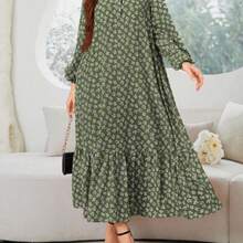 Najma Women Spring Casual Vacation Lantern Sleeves Loose Dress With Floral Print, Ruffle Hem And Small Flower Print, Modest - Verde militar - Ver 1