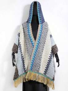 1pc Women's Fashion Geometric Rhombus Pattern Tassel Bohemian Style Hooded Poncho, Suitable For Casual Outings, Daily Wear, Travel And Vacation For Dress - C - 查看 2