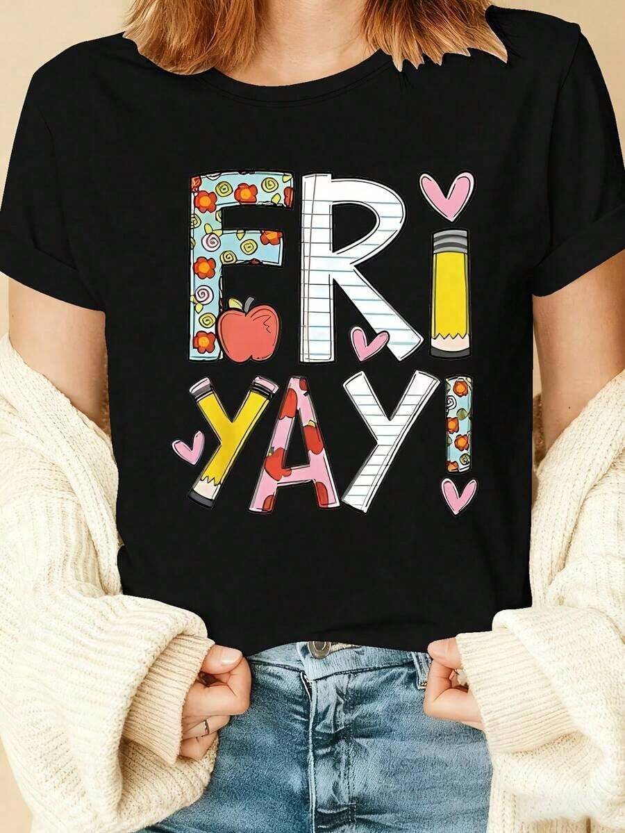100% ABCD Camiseta para Maestros de Preescolar| Estampado casual, manga corta, negro, camisetas con estampados, tops para mujer, cuello redondo, tela ligeramente elástica, temporada de verano - Blanco - Ver 1