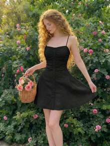 Vestido camisero corto con decoración de botones para mujer, amarillo pálido - Negro - Ver 9