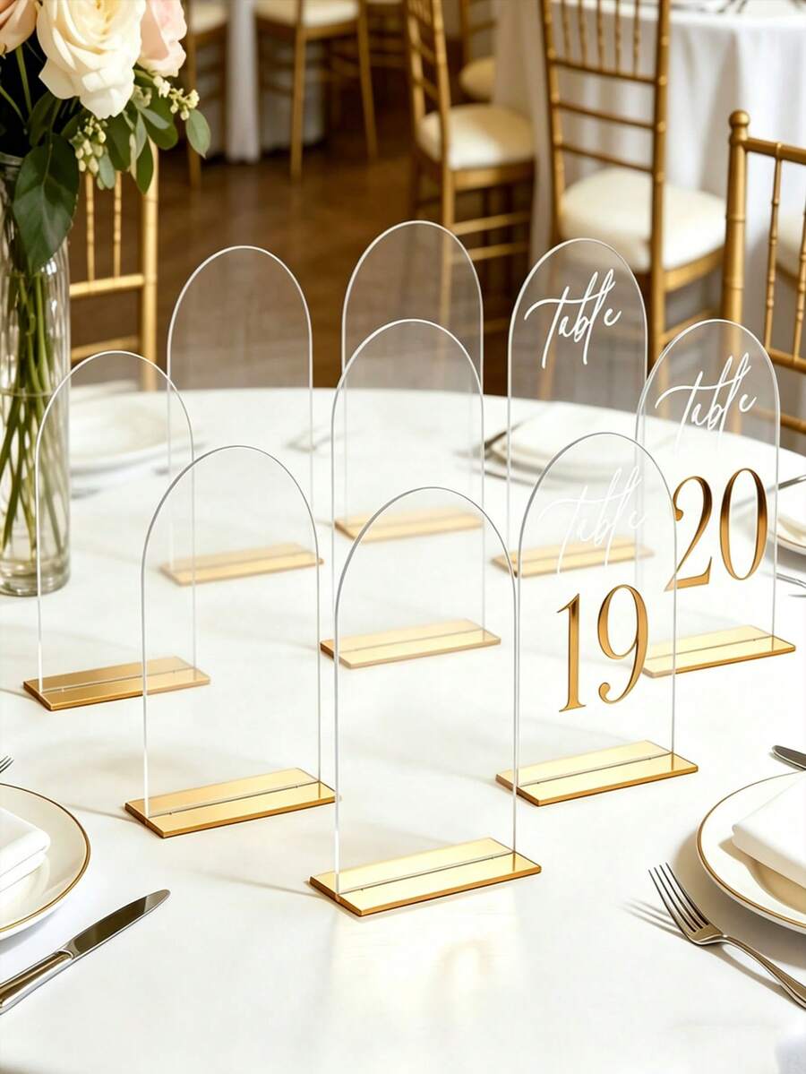 6pcs Gold Arch-Shaped Wedding Table Number Plates, Clear Acrylic Table Number Cards, Suitable For Wedding Reception Seating, Anniversary Celebration And Bridal Shower, Elegant Wedding Decor, Graduation Ceremony, Party Decoration, Bachelorette Party, Wedding Signage, Dinner Table Cards, Wedding Reception Table Decor - A - View 1