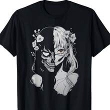 1 camiseta con diseño de chica anime gótica y calavera, 220 g, 100% algodón, manga corta, corte estándar, lavable a máquina, diseño de dibujos animados, sin bolsillo - Top de moda Harajuku Egirl, unisex, suave, transpirable, ligero - Cuello redondo, corte estándar - Lavable a máquina, cómoda camiseta de manga corta con estampado gráfico y cuello redondo, negra, disponible en tallas S a XXXL, ropa casual para Halloween, Día de la Igualdad de las Mujeres, Love Dog Festival, Día del Trabajo y temporada de regreso a clases - Cultura japonesa de los demonios - Negro - Ver 6