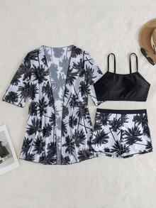 Swim Lushoire Conjunto de 3 piezas de traje de baño de mujer para vacaciones de verano en la playa, con estampado tropical de bikini y kimono como cubierta - Blanco y Negro - Ver 3